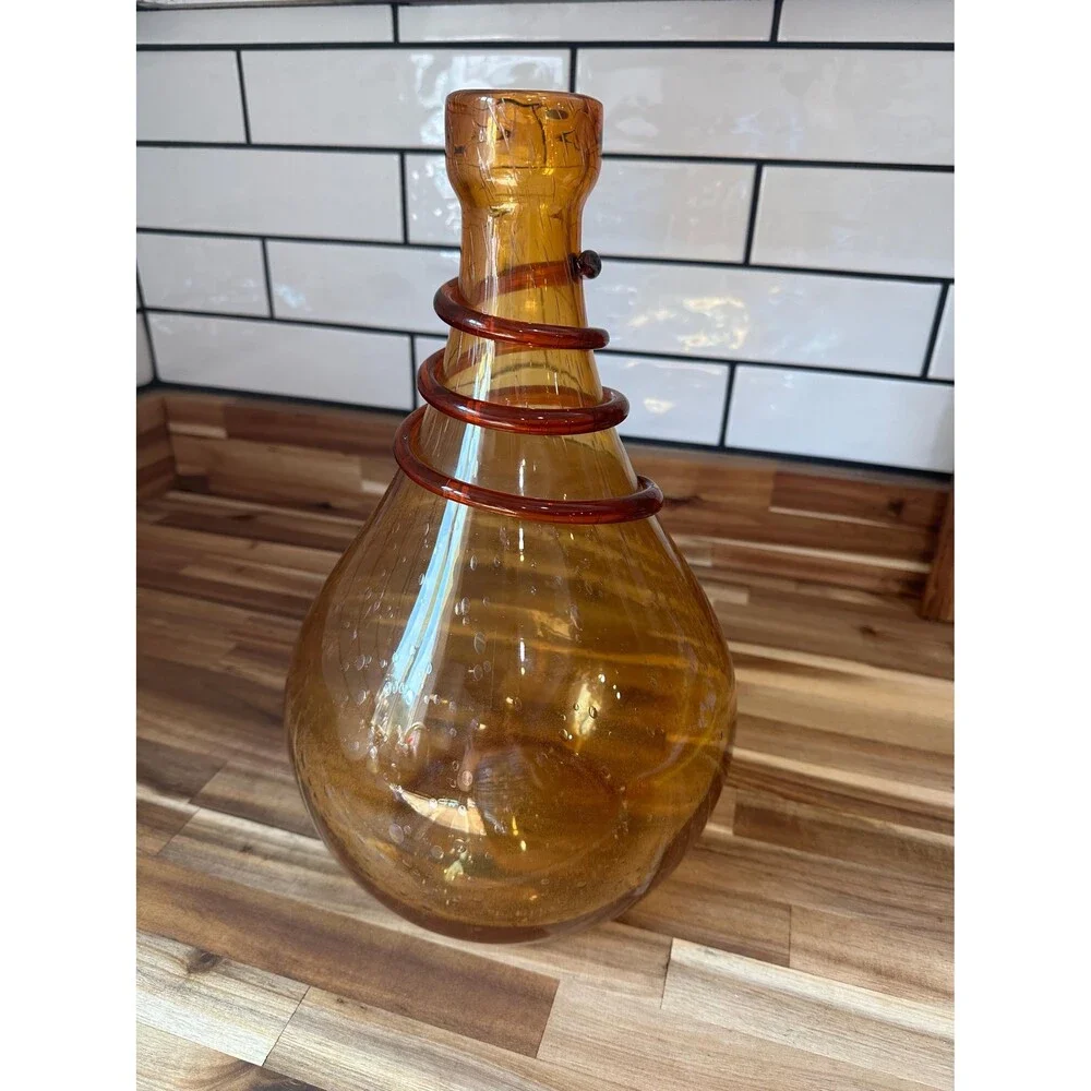 MCM Amber Thick Glass Bulbous Bottle Jug Vase Hand Blown Statement Centerpiece